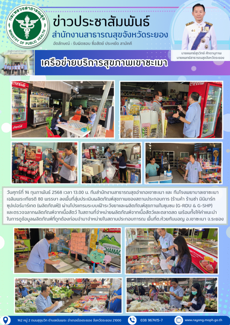 ทีมสสอ.เขาชะเมา และ ทีมรพ.เขาชะเมาฯ ลงพื้นที่สุ่มประเมินผลิตภัณฑ์สุขภาพของสถานประกอบการ (ร้านค้า ร้านชำ มินิมาร์ท ซุปเปอร์มาร์เกต (ผลิตภัณฑ์)) ผ่านโปรแกรม G-RDU & G-SHP
