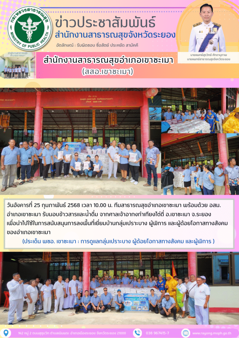 ทีมสสอ.เขาชะเมา พร้อมด้วย อสม. อำเภอเขาชะเมา รับมอบข้าวสารและน้ำดื่ม จากศาลเจ้าอากงกำเทียงไต่ตี่