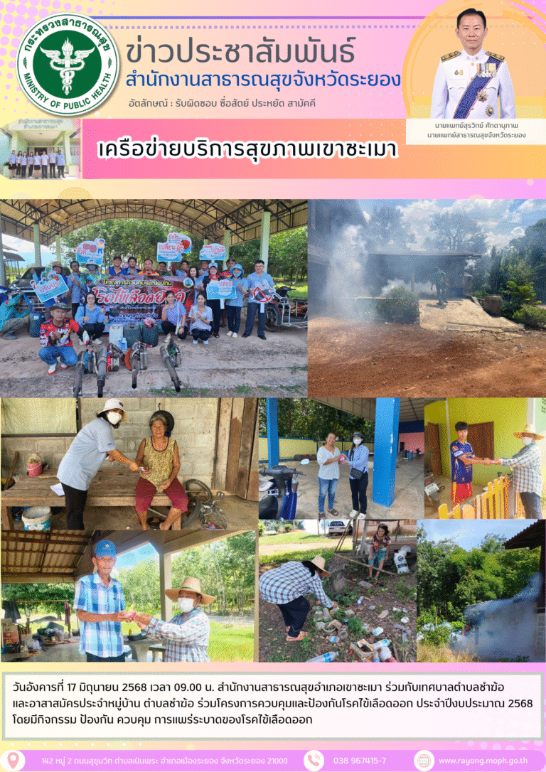 สสอ.เขาชะเมา ร่วมกับเทศบาลตำบลชำฆ้อ และ อสม. ต.ชำฆ้อ ร่วมโครงการควบคุมและป้องกันโรคไข้เลือดออก ประจำปีงบประมาณ 2568