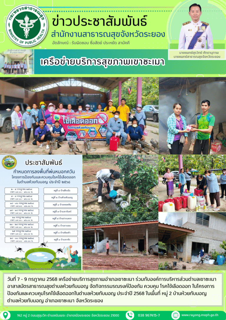 เครือข่ายบริการสุขภาพอำเภอเขาชะเมา ร่วมกับอบต.เขาชะเมา อสม.ต.ห้วยทับมอญ จัดกิจกรรมรณรงค์ป้องกัน ควบคุม โรคไข้เลือดออก ประจำปี 2568