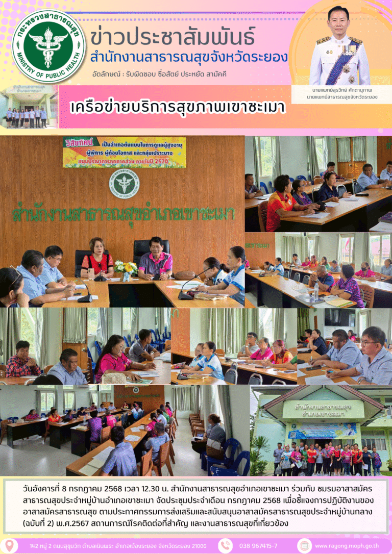 สสอ.เขาชะเมา ร่วมกับ ชมรม อสม. อำเภอเขาชะเมา จัดประชุมประจำเดือน กรกฎาคม 2568