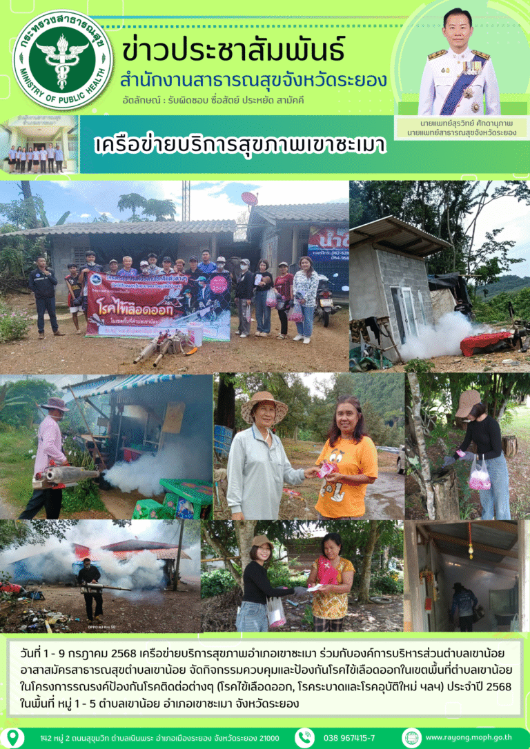 เครือข่ายบริการสุขภาพอำเภอเขาชะเมา ร่วมกับอบต.เขาน้อย อสม.ต.เขาน้อย จัดกิจกรรมควบคุมและป้องกันโรคไข้เลือดออกในเขตพื้นที่ตำบลเขาน้อย