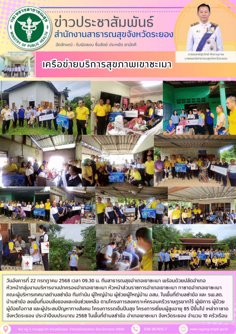 ทีมสสอ.เขาชะเมา ร่วมลงพื้นที่มอบสิ่งของและเงินช่วยเหลือ ตามโครงการสงเคราะห์ครอบครัวราษฎรยากไร้ ผู้พิการ ผู้ป่วยผู้ด้อยโอกาส และผู้ประสบปัญหาทางสังคม โครงการรถเข็นปันสุข โครงการเยี่ยมผู้สูงอายุ 85 ปีขึ้นไป เหล่ากาชาด จังหวัดระยอง ประจำปีงบประมาณ 2568 ในพื้นที่อำเภอเขาชะเมา