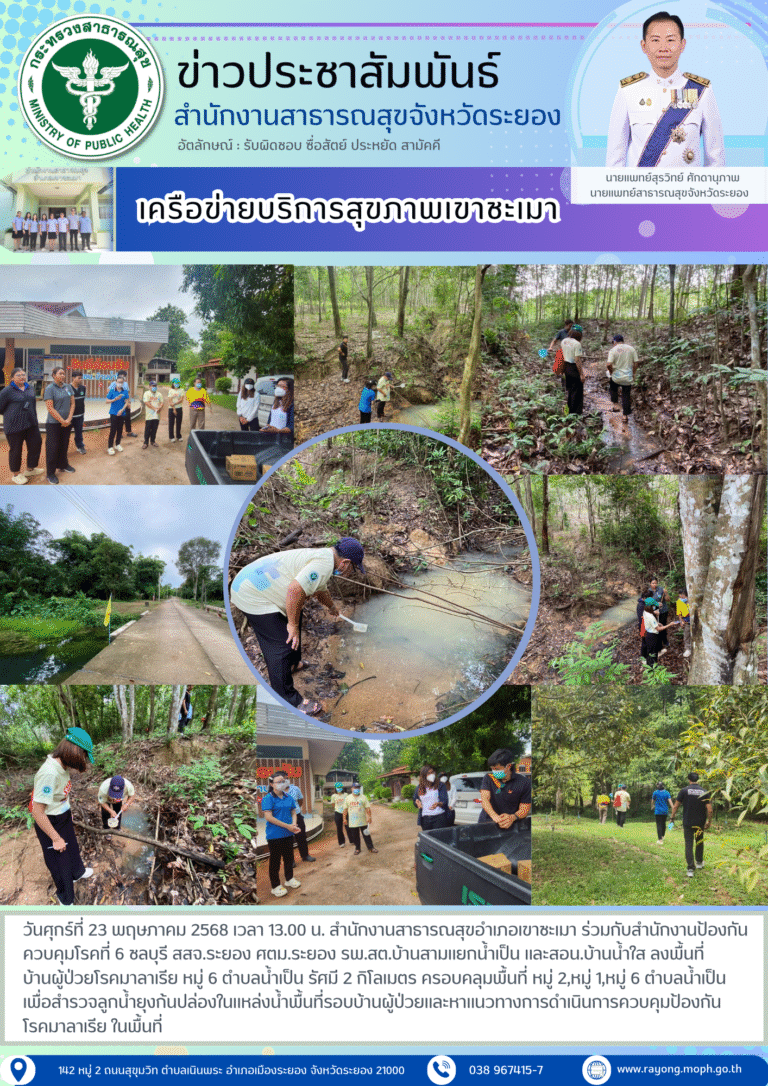 สสอ.เขาชะเมา ร่วมกับสำนักงานป้องกันควบคุมโรคที่ 6 ชลบุรี สสจ.ระยอง ศตม.ระยอง รพ.สต.บ้านสามแยกน้ำเป็น และสอน.บ้านน้ำใส ลงพื้นที่บ้านผู้ป่วยโรคมาลาเรีย